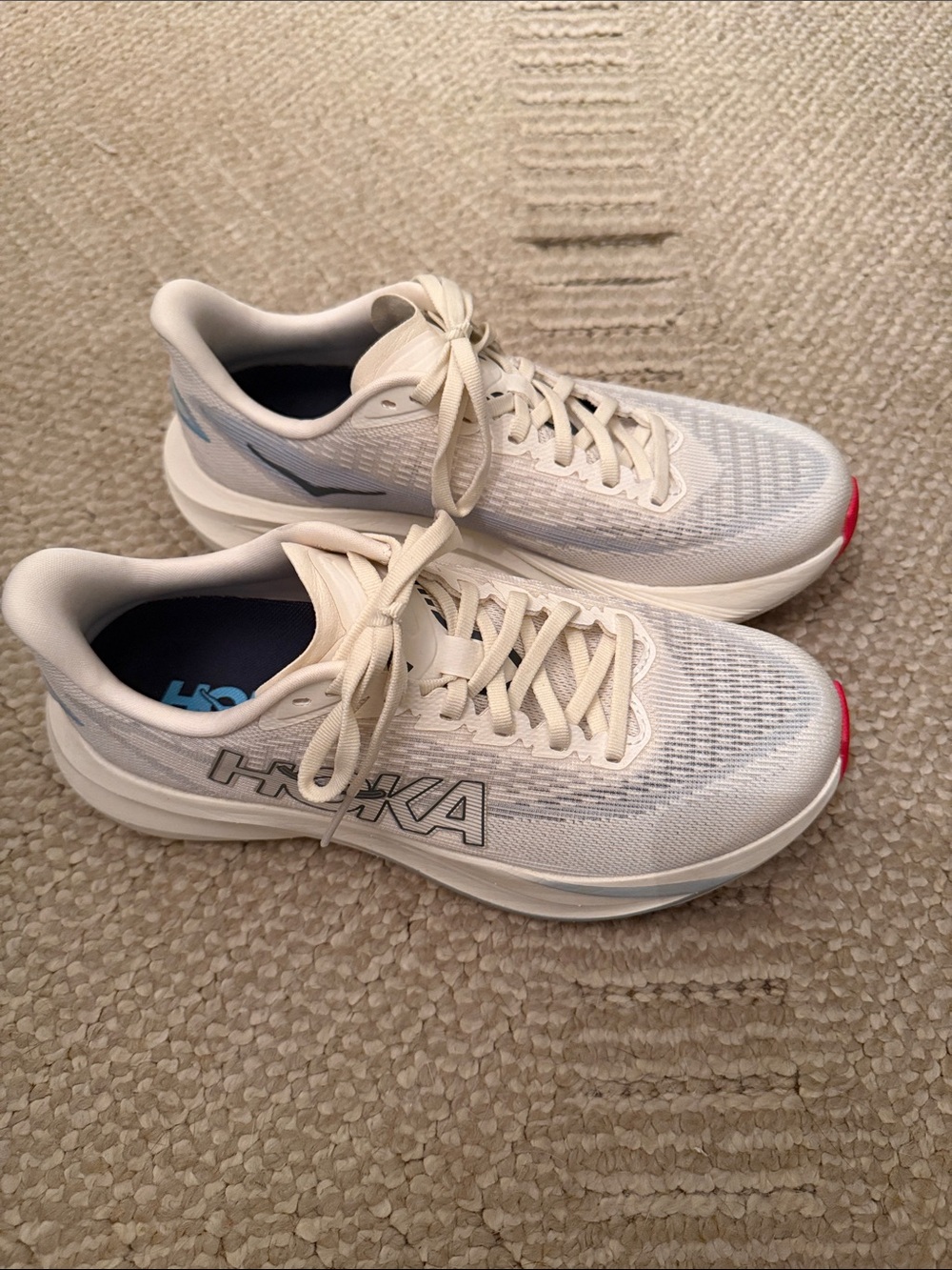 Hoka Men's White Running Shoes with Light Blue Accents and Red Toe